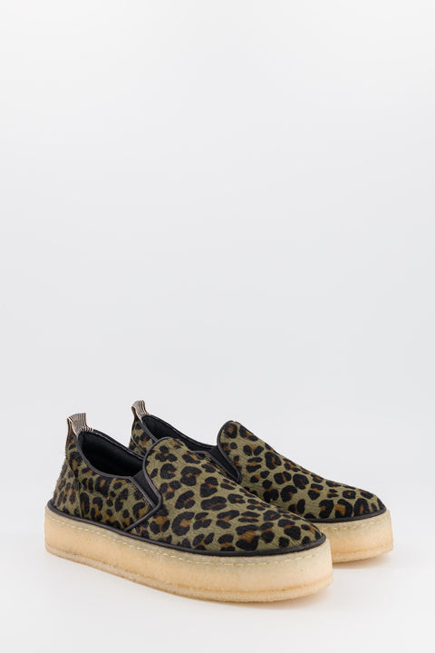 Devon - leather slip-on shoes in a pony style, khaki leopard print - size 37 - unique model