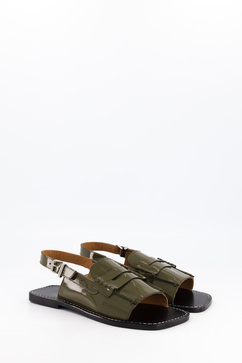 carry - sandale type mocassin cuir vernis kaki