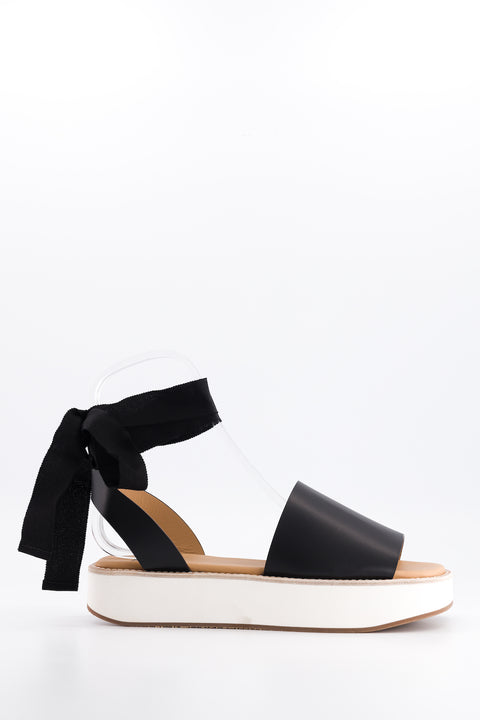 MARY - Sandal leather black with ribbon