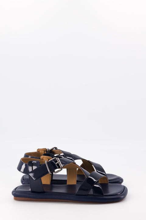 nannie - sandale plate cuir vernis navy