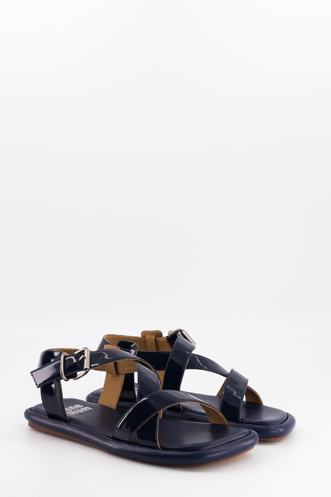 nannie - sandale plate cuir vernis navy