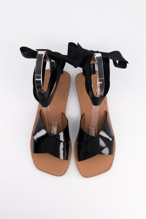 MARY - Sandal leather black with ribbon