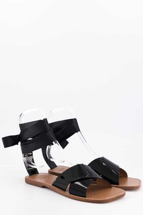 MARY - Sandal leather black with ribbon