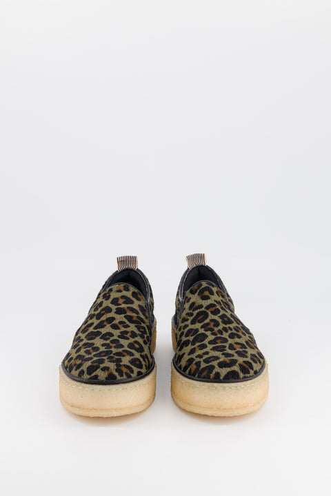 Devon - leather slip-on shoes in a pony style, khaki leopard print - size 37 - unique model
