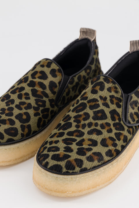 Devon - leather slip-on shoes in a pony style, khaki leopard print - size 37 - unique model