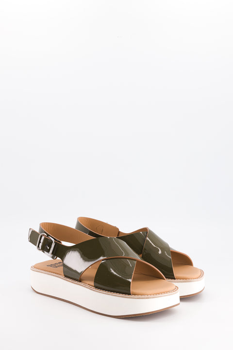 MALACAR - Cross-straps sandal khaki patent leather