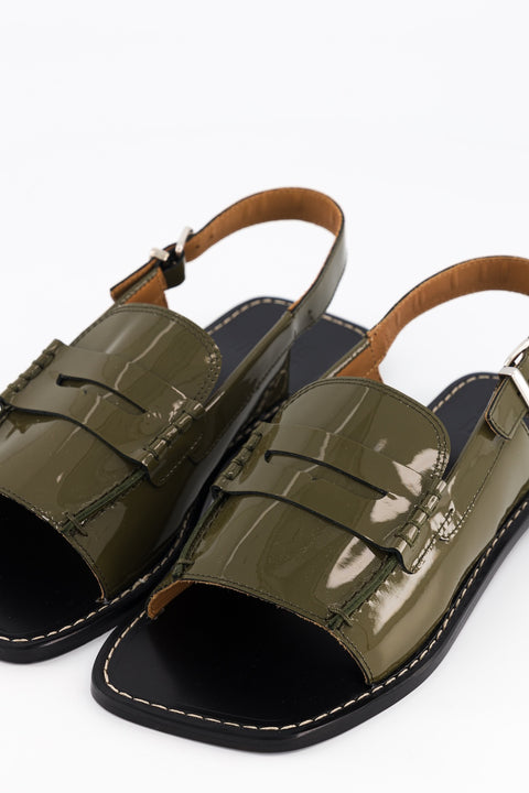 carry - sandale type mocassin cuir vernis kaki - pointure 38