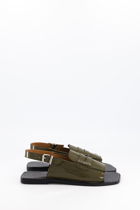 carry - sandale type mocassin cuir vernis kaki