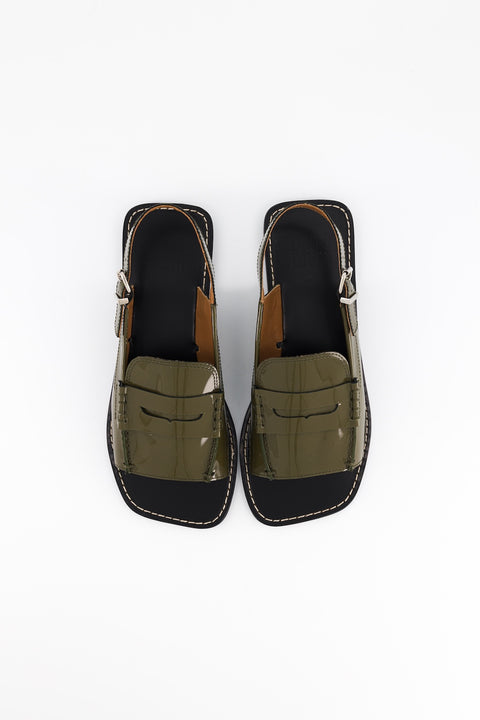 carry - sandale type mocassin cuir vernis kaki