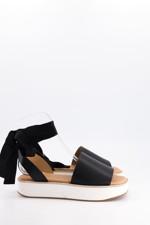 MARY - Sandal leather black with ribbon