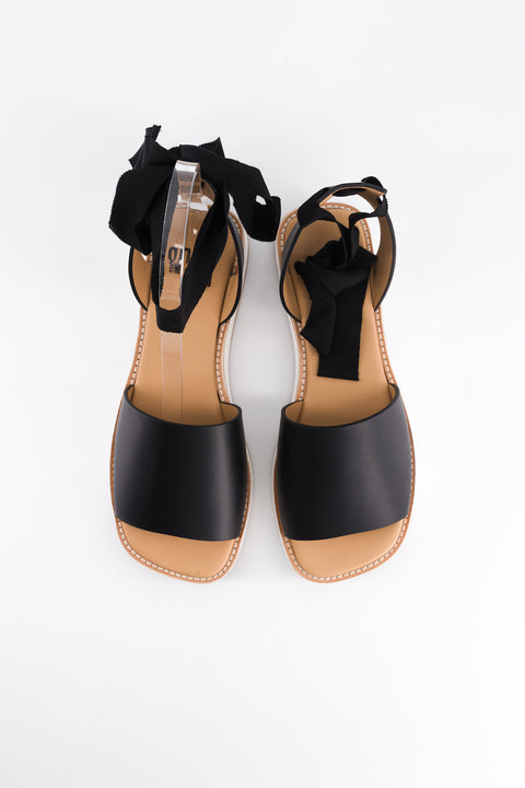 MARY - Sandal leather black with ribbon